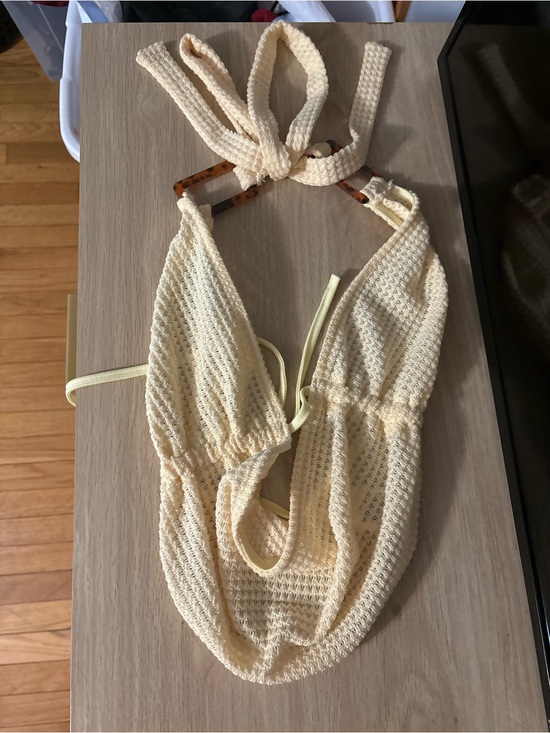 Tops - Cream Crochet Halter Bag with Tortoiseshell Ring Detail